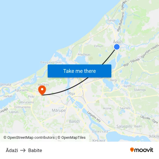 Ādaži to Babite map