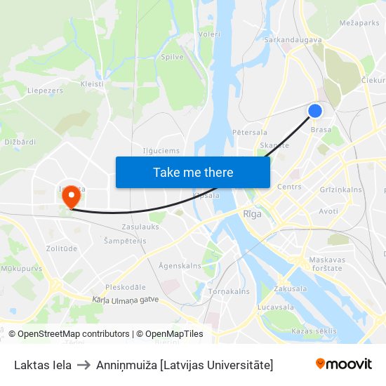 Laktas Iela to Anniņmuiža [Latvijas Universitāte] map