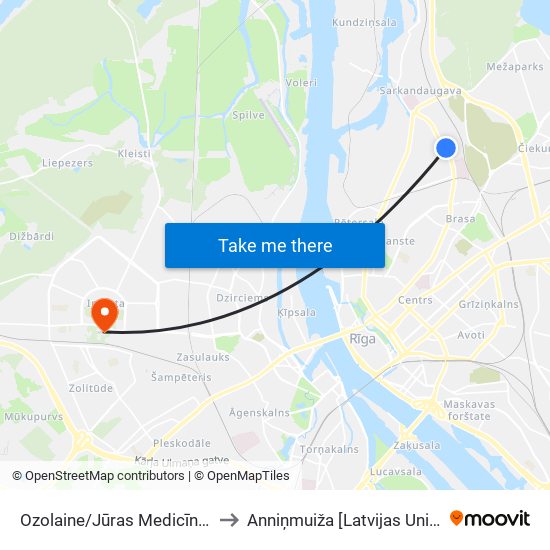 Ozolaine/Jūras Medicīnas Centrs to Anniņmuiža [Latvijas Universitāte] map