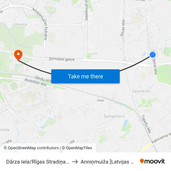 Dārza Iela/Rīgas Stradiņa Universitāte to Anniņmuiža [Latvijas Universitāte] map