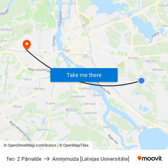 Tec-2 to Anniņmuiža [Latvijas Universitāte] map