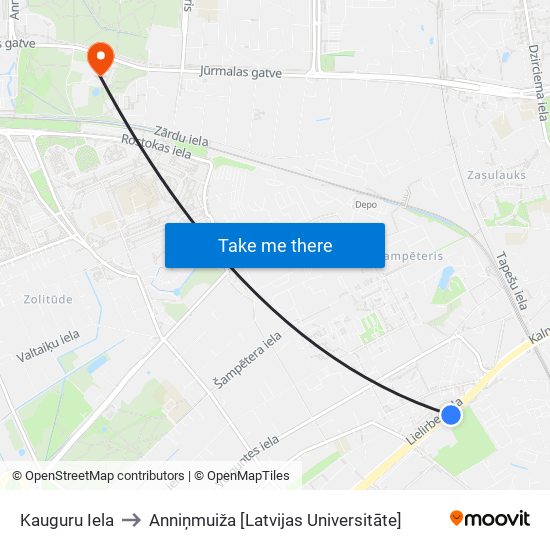 Kauguru Iela to Anniņmuiža [Latvijas Universitāte] map