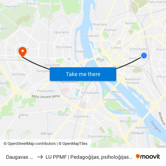 Daugavas Stadions to LU PPMF | Pedagoģijas, psiholoģijas un mākslas fakultāte map