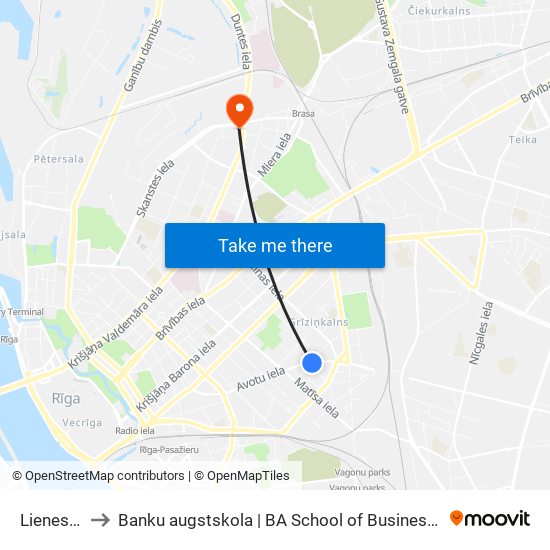 Lienes Iela to Banku augstskola | BA School of Business and Finance map