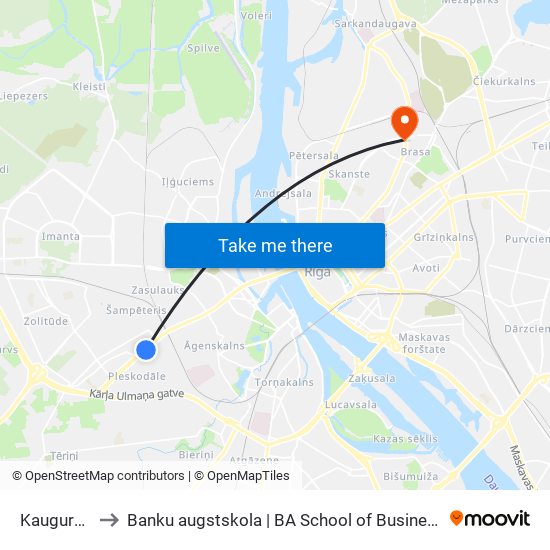 Kauguru Iela to Banku augstskola | BA School of Business and Finance map