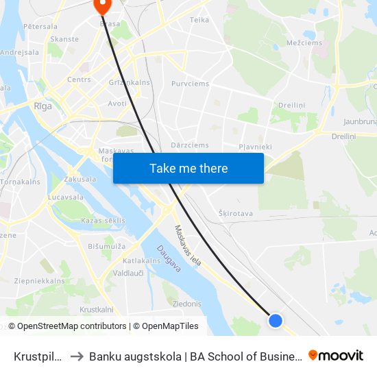 Krustpils Iela to Banku augstskola | BA School of Business and Finance map