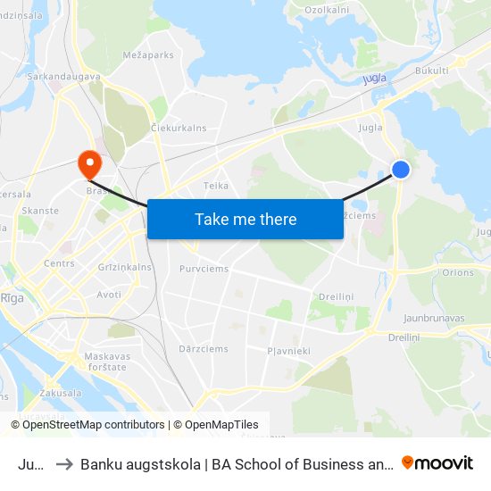 Jugla to Banku augstskola | BA School of Business and Finance map