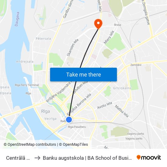 Centrālā Stacija to Banku augstskola | BA School of Business and Finance map