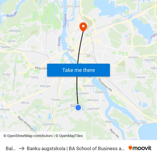 Baloži to Banku augstskola | BA School of Business and Finance map