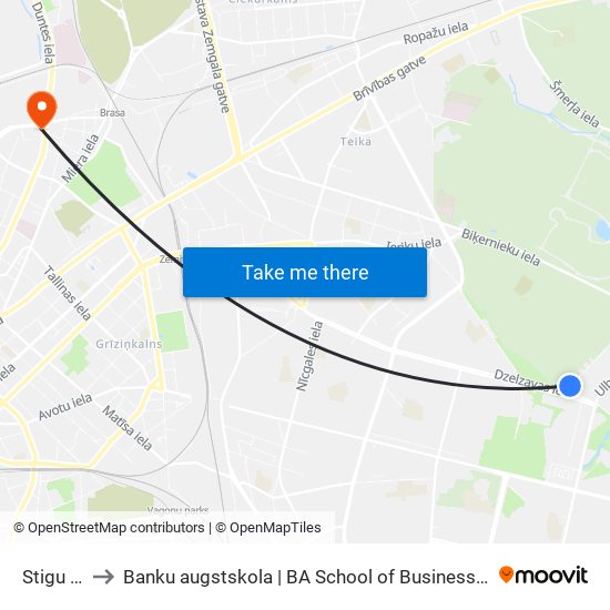 Stigu Iela to Banku augstskola | BA School of Business and Finance map