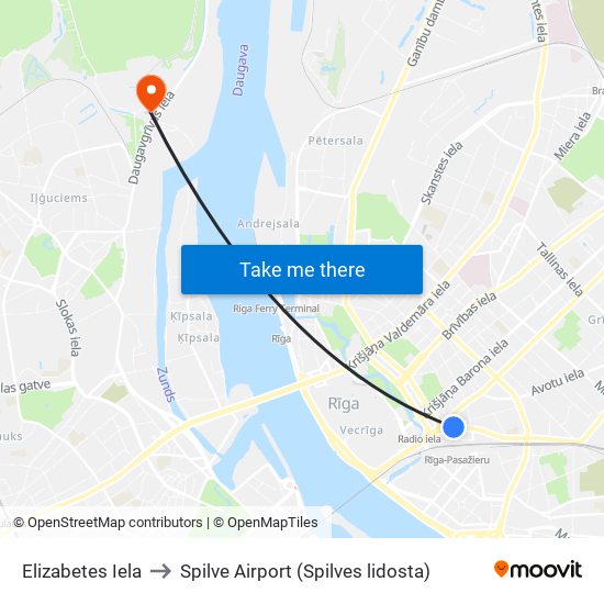 Elizabetes Iela to Spilve Airport (Spilves lidosta) map