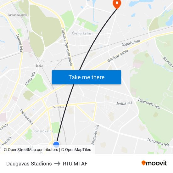 Daugavas Stadions to RTU MTAF map