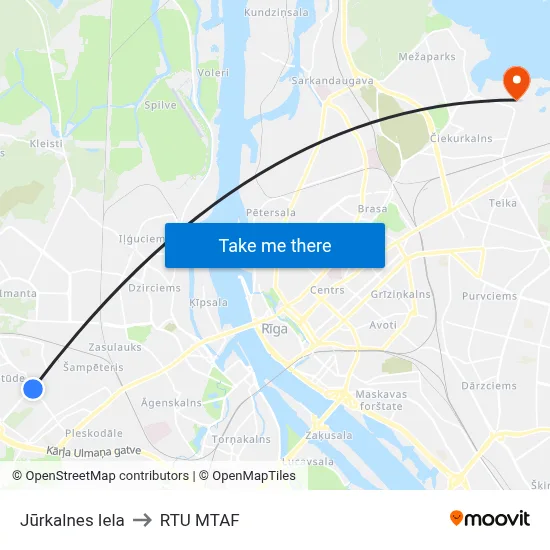 Jūrkalnes Iela to RTU MTAF map