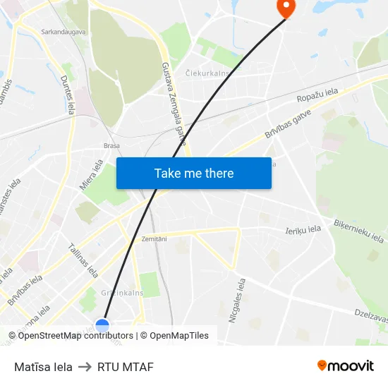 Matīsa Iela to RTU MTAF map