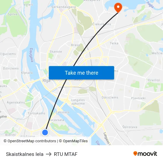 Skaistkalnes Iela to RTU MTAF map