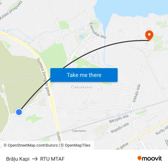 Brāļu Kapi to RTU MTAF map