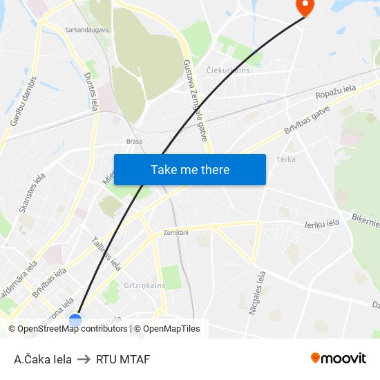 A.Čaka Iela to RTU MTAF map