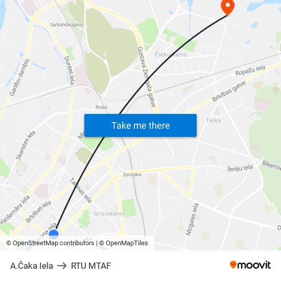 A.Čaka Iela to RTU MTAF map