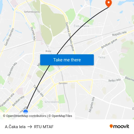 A.Čaka Iela to RTU MTAF map