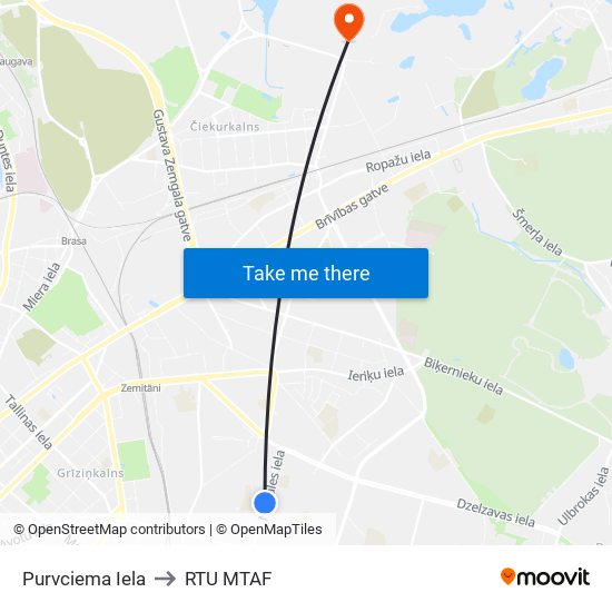 Purvciema Iela to RTU MTAF map
