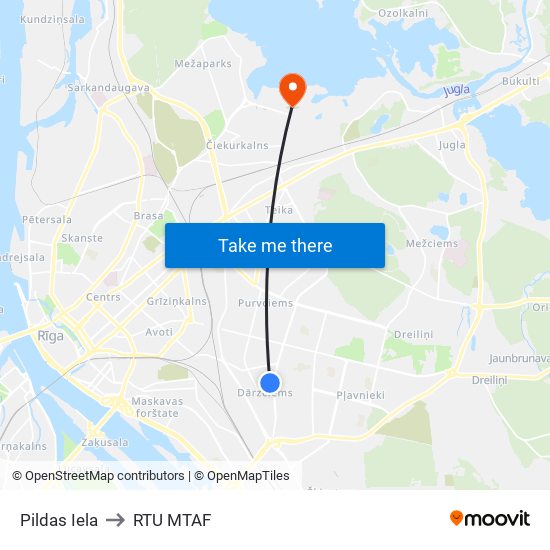 Pildas Iela to RTU MTAF map
