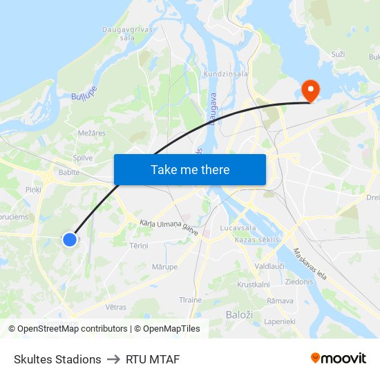 Skultes Stadions to RTU MTAF map