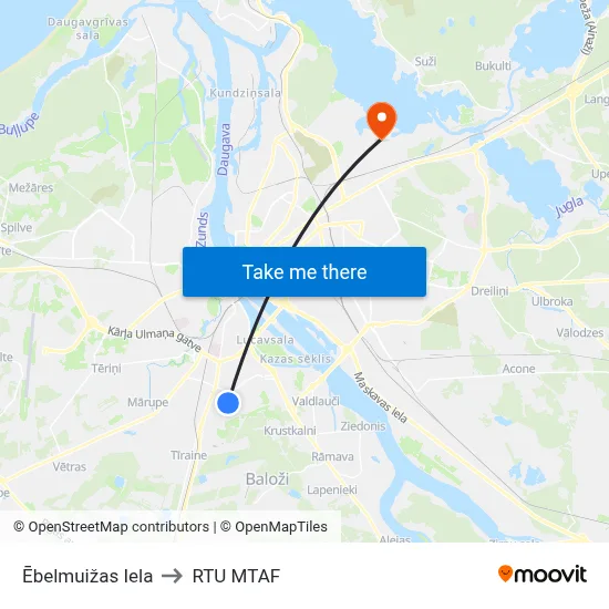 Ēbelmuižas Iela to RTU MTAF map