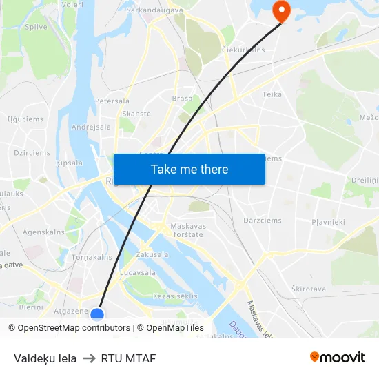Valdeķu Iela to RTU MTAF map