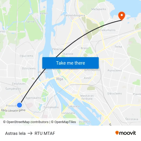 Astras Iela to RTU MTAF map