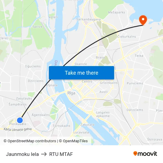Jaunmoku Iela to RTU MTAF map