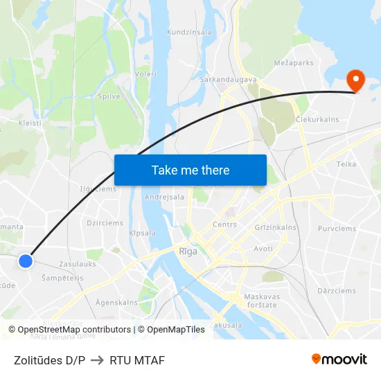 Zolitūdes D/P to RTU MTAF map