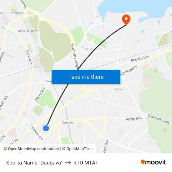 Sporta Nams "Daugava" to RTU MTAF map