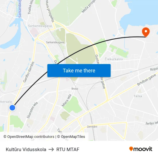 Kultūru Vidusskola to RTU MTAF map