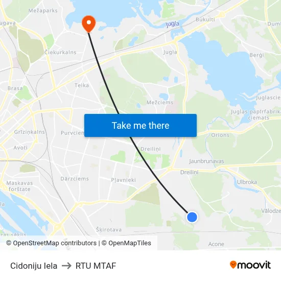 Cidoniju Iela to RTU MTAF map