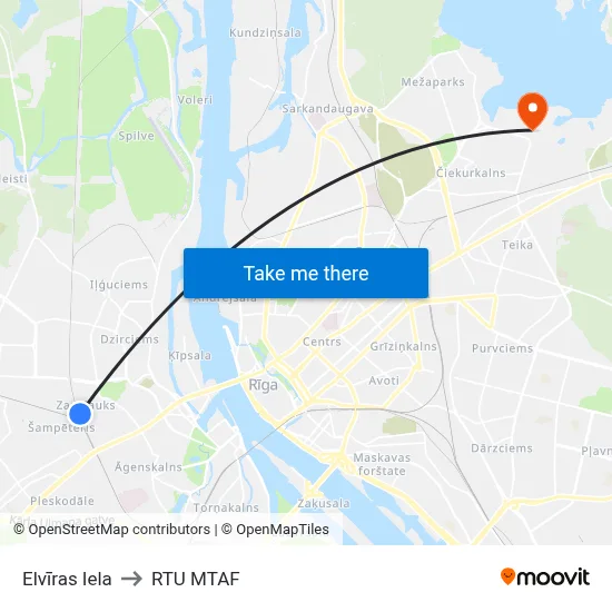 Elvīras Iela to RTU MTAF map