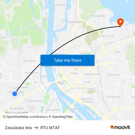 Zasulauka Iela to RTU MTAF map
