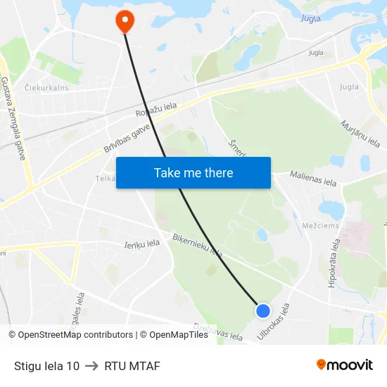 Stigu Iela 10 to RTU MTAF map