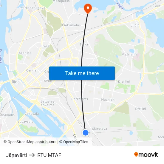 Jāņavārti to RTU MTAF map