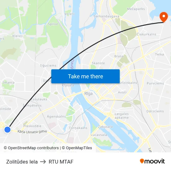 Zolitūdes Iela to RTU MTAF map