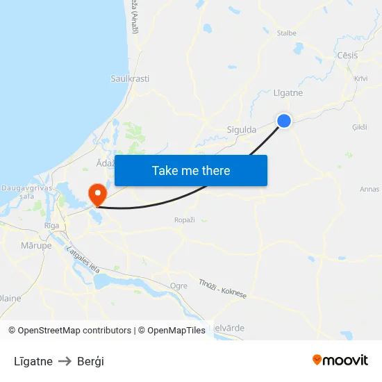 Līgatne to Berģi map