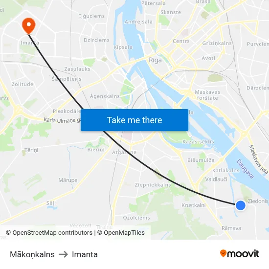 Mākoņkalns to Imanta map