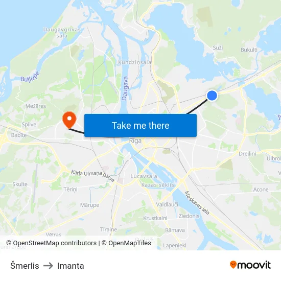 Šmerlis to Imanta map