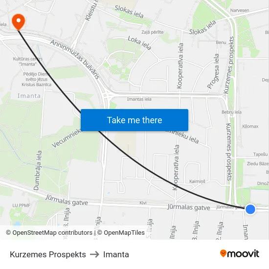Kurzemes Prospekts to Imanta map