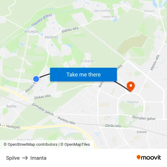 Spilve to Imanta map