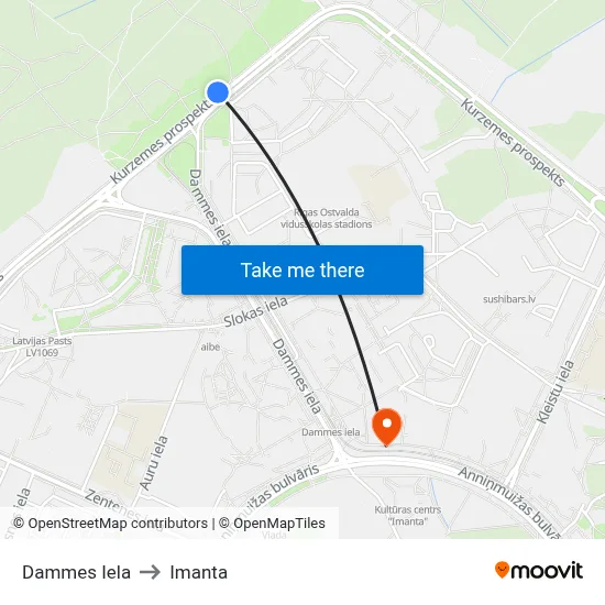 Dammes Iela to Imanta map