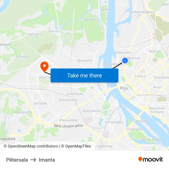 Pētersala to Imanta map