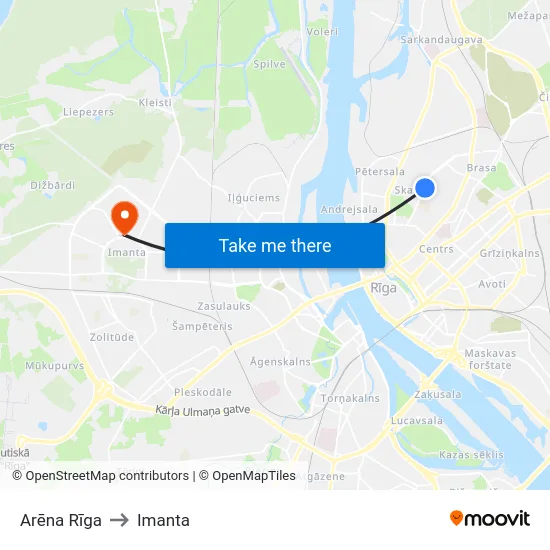 Arēna Rīga to Imanta map