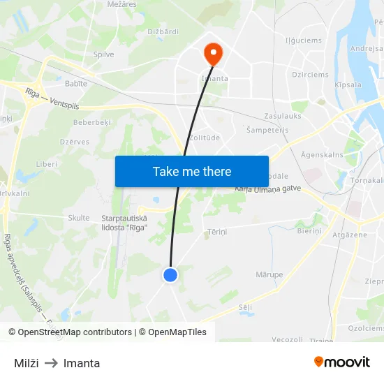 Milži to Imanta map