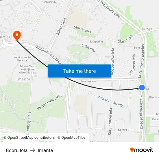 Bebru Iela to Imanta map