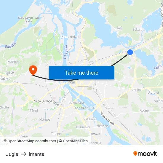 Jugla to Imanta map